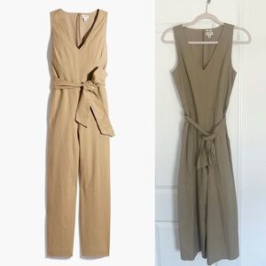 J. Crew Size 0 Tan Beige Linen-Blend V-Neck Tie Belt Wide Leg Workwear Jumpsuit